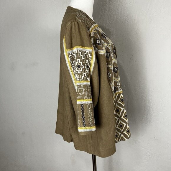Chico's Linen Blend Jacket Beaded Embroidered Lined Boho 3/4 Sleeve Tan‎ Size 2 - Picture 7 of 12